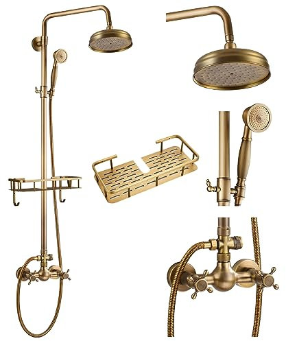 Antique Brass Exposed Bathroom Shower Faucet with 8 inch Rainfall Shower Head Wall Mounted Dual Cross Handles Handheld Sprayer Shower Shelf Dual Function Shower System