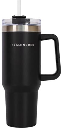 Flamingueo Termo 1,18L - Botella Agua Acero Inoxidable - Tumbler - Con Pajita y Asa - Bebidas Frías 24h y Calientes 10h - Vaso Termico - Negro
