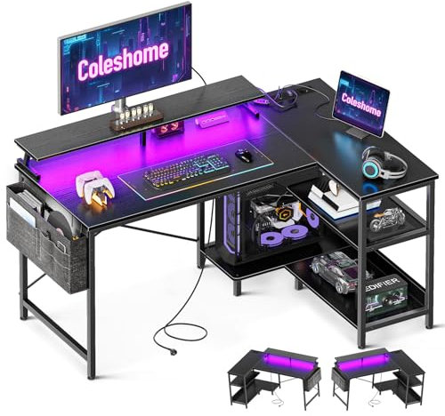Coleshome Gaming Tisch L Form mit LED&Steckdosen, 120x80cm Eckschreibtisch mit Regal Reversibler Schreibtisch L Form Schwarz mit Monitorständer Ecktisch für Büro Arbeitszimmer