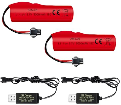 AMZZN 2 Stück 3.7V 3000mAh Lithium-Ionen-Akku mit SM-2P-Stecker und USB-Ladekabel, geeignet für DE42,DE44,DE45,DE68 RC-Fahrzeuge,Lastwagen,Spielzeug,Off-Road-Rennbatterien