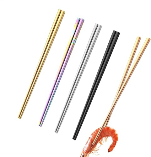 Set di 5 paia di bacchette in acciaio – Bacchette quadrate e leggere | Bacchette giapponesi, coreane e cinesi di alta qualità per cucina, scrivania, sala da pranzo, durevole e facile da usare