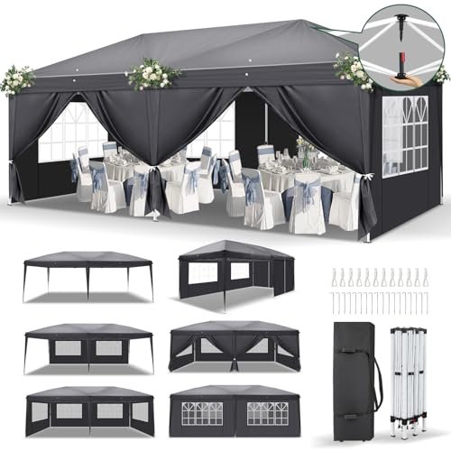 LEADZM Pavillon 3x6m,EIN klick Verriegelung,Faltpavillon,Wasserdicht,Winterfest,Höhenverstellbar,UV Schutz 50+,Gartenzelt,Partyzelt,Stahlrahmen,mit 6 Seitenteilen,für Garten,Party,Camping Dunkelgrau