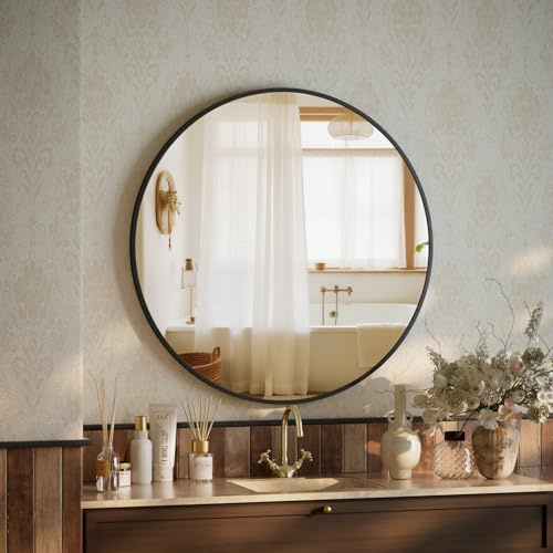 BEAUTYPEAK 46cm Runder Spiegel,Bruchsicherer Wandspiegel mit Aluminiumrahme | Badezimmer Spiegel zum Aufhängen und Anlehnen, Rund Wandspiegel für Schlafzimmer, Bad, Wohnzimmer, Schwarze Rahmen