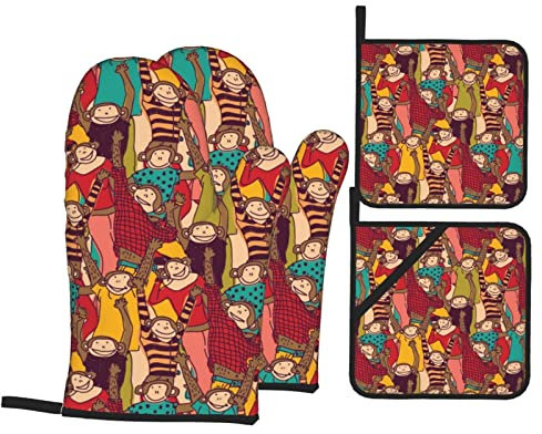 Ensemble de gants de cuisine et maniques - Singe habillé comme un homme - Résistant à la chaleur - Surface antidérapante - Pour la cuisine, la cuisson, le grill, le barbecue
