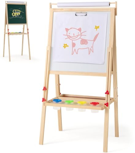 GYMAX Wooden Kids Easel, Height Adjustable Toddler Easel with Whiteboard, Chalkboard, Paper Roll, 2 Storage Trays & 4 Paint Cups, Children Drawing Board Stand for 3-10 Years Old