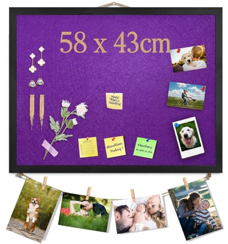 Große Pinnwand aus Kork mit Filz, 58 x 43 cm, Pinnwand für Wände, Schreibtisch, Schmuck, Notizen, Sammlung, Fotos, Büro, schwarz gerahmt und lila Filztafel, 1 Stück, UK