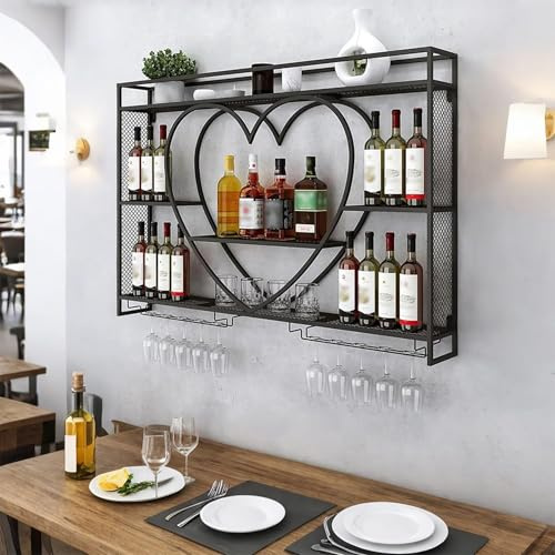 G2 Wall Mounted Wine Rack with LED Glass Holder, Liquor Bottles Shelves Display Storage Organizer Hanging Long Stemware Goblet Metal for Home Mini Bar Cellar Black (140x15x85 cm)