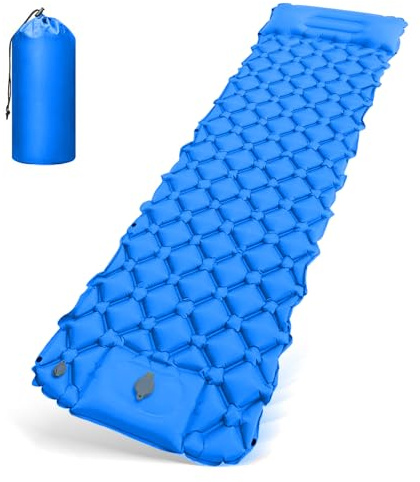 HyAdierTech Esterilla Camping Autoinflable, Colchón de Aire con Almohada, Colchoneta Autoinflable Portatíl con Bomba de Pie, Almohadilla Ultraligero para Exteriores, Senderismo, Playa (Azul)