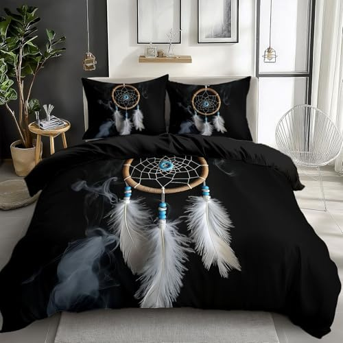 Parure de lit pour Enfant 140x200 cm Plumes d'attrape-rêves Housse de Couette Polycoton Ensemble de Literie Linge de Lit avec Taies d'oreiller, pour Décoration Chambre à Coucher