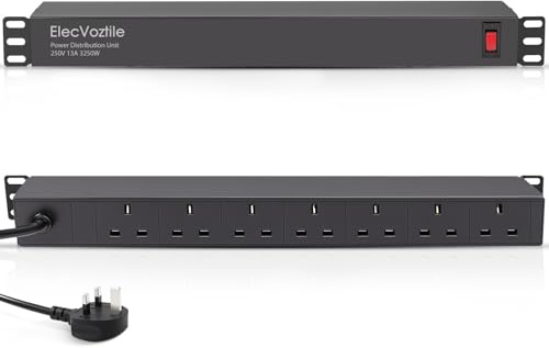 ElecVoztile 7 Way Rack Mount PDU Power Strip, 13A, Rear Sockets | Overload Switch, 1U Rackmount, Fits 19'' Server Rack/Cabinet, Aluminum Alloy Housing,1.8M Cord