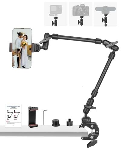 JEBUTU 56cm Bras Magique avec Super Clamp, Support Flexible à 360° pour Appareil Photo, Bureau, Bras Articulé à Friction avec Adaptateur Fileté pour Webcam, Microphone, Caméra d'action, Lumière - Noir