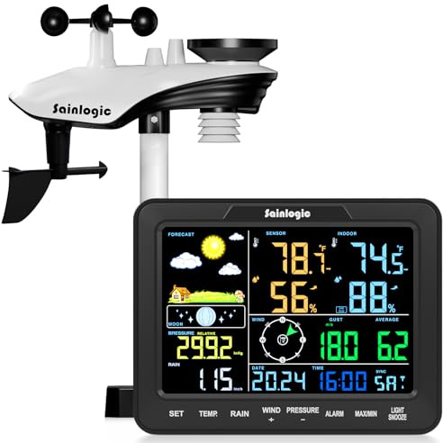 Sainlogic SA68 Home Weather Station with Weather Stations Wireless Indoor Outdoor and Rain Gauge Outdoor for Temperture,Humidity,Forecast,Pressure,Moon Phase,Alarm Clock for Bedroom,Black(No WiFi)