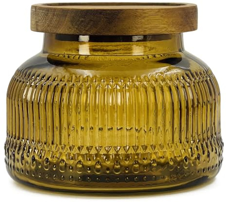 Decorative Amber Ribbed Glass Jar with Airtight Wooden Lid, 40 fl. oz | Wide mouth vintage storage canister, kitchen pantry bathroom organization, coffee sugar tea cookie candy candle vase gift