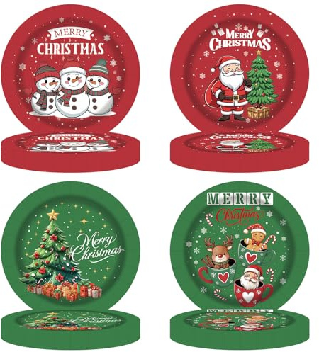 Joyesplay Lot de 60 assiettes à biscuits de Noël en carton - Décoration de Noël, sapin de Noël, bonhomme de neige, renne, maison en pain d'épice, vaisselle de fête (rouge + vert 2)