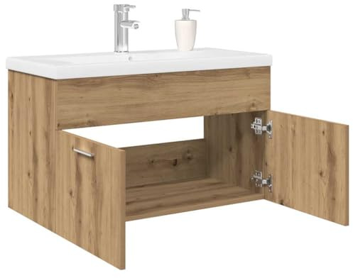QJBSAVVA Mobile sottolavabo, 80 x 38,5 x 46 cm, in rovere artisano, con lavabo da incasso in ceramica, colore bianco e rubinetto, per riporre il bagno