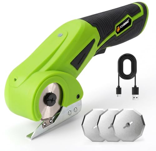 Foxrino Cordless Electric Cardboard Cutter & Power Scissors, 350RPM High-Torque Motor, 3 Alloy Steel Blades for Thick Cardboard - Heavy Duty Box Cutter for Fabric, Plastic with Safety Lock