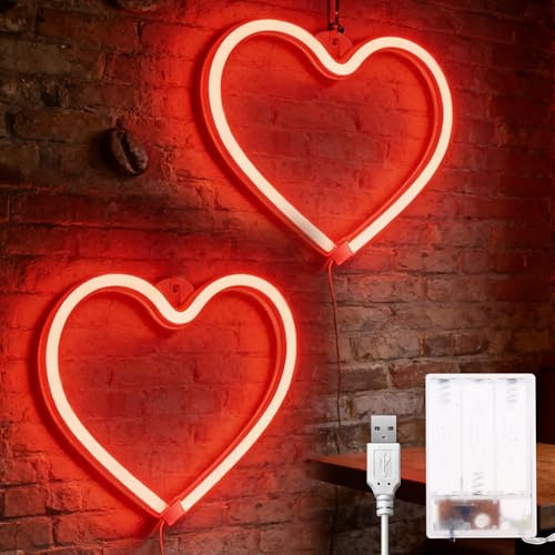 2 Stück LED Neon Herzschild, 21 x 20 cm Herz Leuchtreklamen, Rot LED Herz Schilder, Herzs LEDs Neon Schild Romantische Leuchtreklame für Valentinstag, Schlafzimmer, Party, Hochzeit, Jubiläum