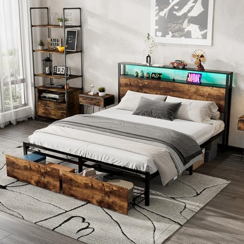 Aptliton Metal Double Bed, King Bed Frame with LED Light, 2 Storage Drawers, USB and Type-C Ports, Wrought Iron Design for Adults and Teenagers, 135x190cm, Black and Walnut