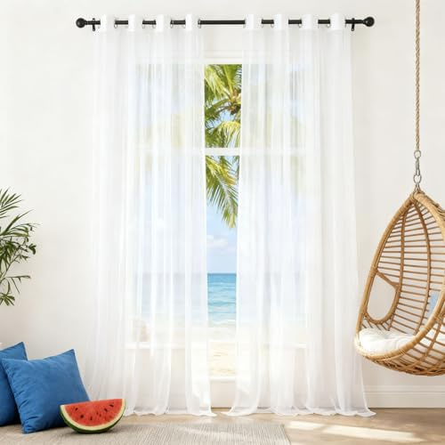 WUXXIANG Voile Vorhang 152 x 245 cm Halbtransparent, Transparent Luftig, Einfache Montage, Weich Und Langlebig, Waschbare Gardinen Transparent für Wohnzimmer Schlafzimmer Esszimmer, Weiß