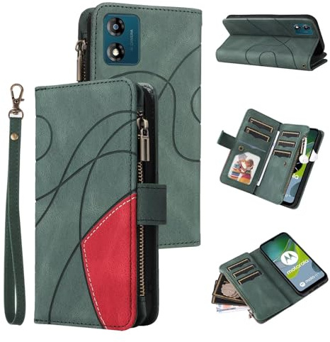 Funda para Motorola Moto E13, Estilo Retro, con Cremallera, Piel sintética, Suave, Cierre magnético, 9 Tarjetero, función Atril, Cartera con Correa, Verde