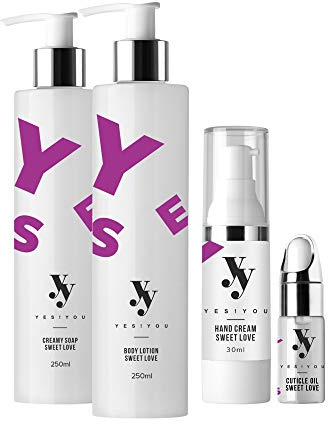 YES!YOU - Set per la cura del corpo con lozione per il corpo, crema mani, olio per cuticole e sapone cremoso