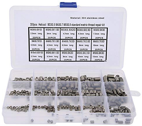 300Pcs Juego de herramientas de inserto roscado Juego de herramientas de reparación de roscas de acero inoxidable M3x0.5 M4x0.7 M5x0.8