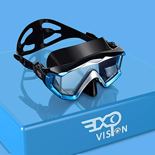 Pano 3 - Máscara de buceo panorámica para adultos, máscara de buceo de vidrio templado, gafas de natación premium con cubierta de nariz, equipo de esnórquel para esnórquel, buceo libre, natación (azul
