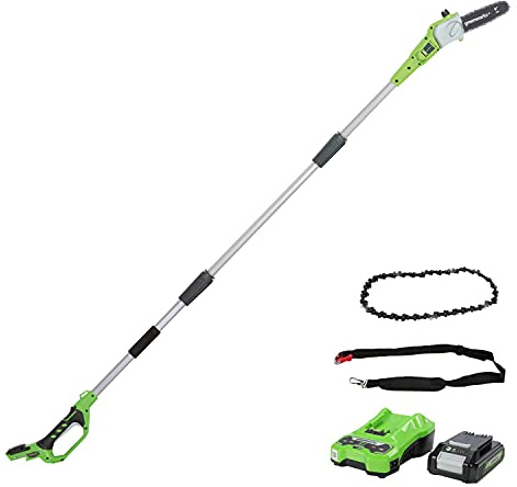 Greenworks Élagueuse sur Perche sans Fil sur Batterie 24V Lithium-Ion avec Batterie 2Ah et Chargeur + Greenworks Chaîne De 20cm pour Tronçonneuse Élagueuse (Modèles 20147, 2000107 & 20157) - 29507