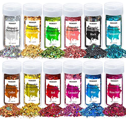 HEMOER 12 Farben holografische Pailletten 12SE, 144 g Pailletten für Gesicht, Kosmetikqualität, Pailletten für Körper, Haare, Epoxidharz, Festival-Party-Kunst und mehr -12 g/Flasche