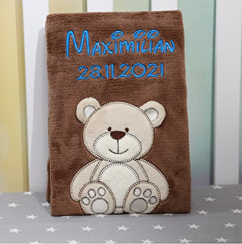 Generisch ★ Babydecke mit Namen und Datum Bestickt ★ Baby Geschenke ★ Geburt ★ (Braun - Teddybär)