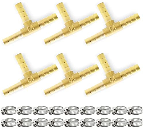 Bwintech 6 Pezzi Raccordi portagomma, 8 mm 3 vie raccordo a T in ottone con 18 morsetti