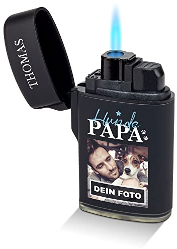 PfotenSchild Feuerzeug - Hundepapa - selbst gestalten - mit eigenem Hunde-Foto und Namen Bedrucken - Foto-Geschenk - Sturmfeuerzeug, Flüssiggas nachfüllbar I Geschenk personalisiert