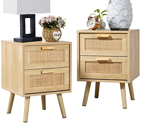 Finnhomy Bedside Tables Set of 2, Side Table with 2 Hand Made Rattan Decorated Drawers, Night Stand Set 2, Wood Nigntstand, End Table with Storage for Bedroom, Natural, 2 Pack