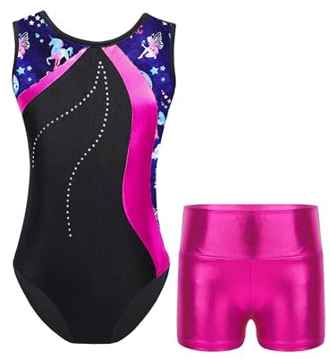 TTAO Gymnastikanzug für Mädchen Ärmellos Turnanzug mit glänzenden Shorts set Trikotanzug Tanz Gymnastik Training Trikot Anzug Ballttkleidung Rose 146-152