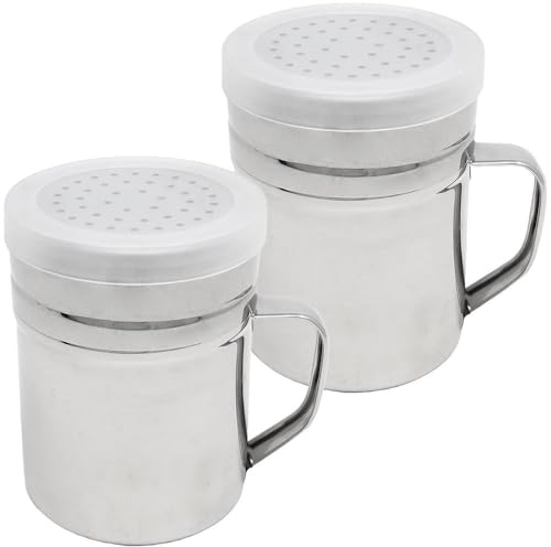 Dlh Western Stainless Steel Salt Pepper Dredge Shakers, 2pcs 10 Oz, Cylindrical, Food Seasoning Shakers with Handles and Plastic Covers