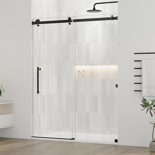 DELAVIN 56-60.in W x 72.in H Frameless Shower Door, Water Repellent Black Shower Door Clear Tempered Glass, Easy Sliding Showe Door with Explosion-Proof Film, Stainless Steel, Metal