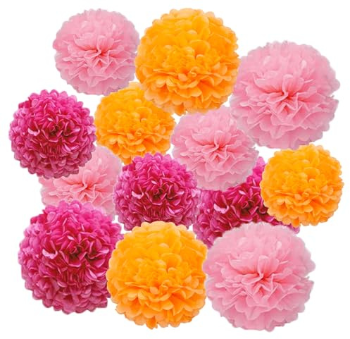 12pcs Rose Red,Light Pink and Orange Paper Pom Poms Decorations for Party Ceiling Wall Hanging Tissue Flowers Decorations - 3 Colors of 12 Inch, 10 Inch.