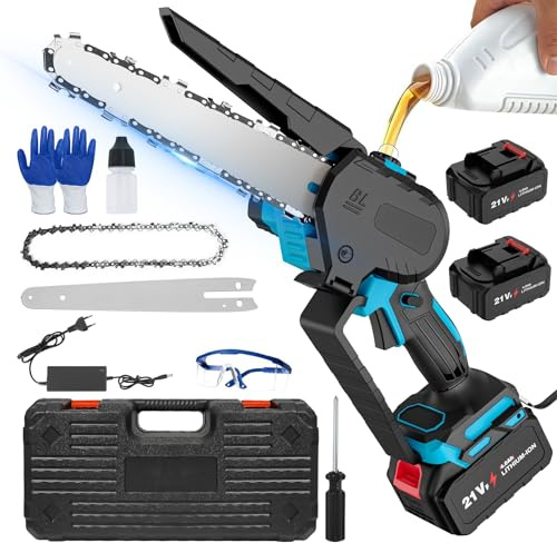 Mini Motosierra Bateria, 8 Pulgadas Motosierra Bateria con 2 x 4000 mAh Baterías, 900 W Motor Sin Escobillas, Motosierra Eléctrica Portátil Inalámbrica para Podar Árboles de Jardinería y Madera