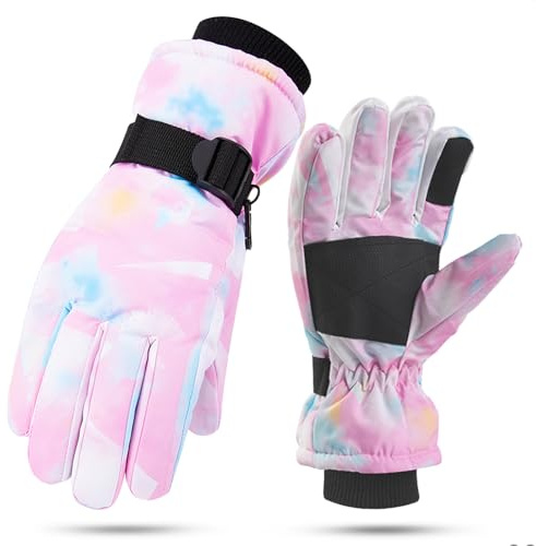 TYXHXTF Gants de Ski Enfants, Chaud Hiver Gants Neige Snowboard Moufles Coupe-Vent Respirant avec Poignets Réglables, pour Vélo Équitation Patinage Fille Garçon 5-9 Ans