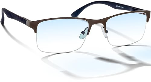 Blaulichtfilter Lesebrille Herren – Computerbrille mit UV-Schutz & Entspiegelung – Rechteckiges Metallgestell mit Flex-Scharnier – Brille gegen müde Augen (Grau, 0, Dioptrien)