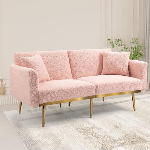 FARRINGTON 3-Sitzer-Samtsofa, umwandelbar in Schlafsofa, verstellbar, Metallfüße, für Wohnzimmer, Schlafzimmer oder Kleinraum (Rosa)