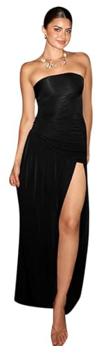 AOWVUTS Robe Longue Sans Manches Epaules Dénudées Fendue Sexy - Maxi Froncée Bandeau Moulante de Cocktail Elégante pour Soirée Casual Mariage Fête