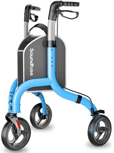SOUNDFUSE 3 Wheel Walkers for Seniors, Lightweight Foldable Aluminum Rollator Walker, Height Adjustable Three Wheel Walker, Blue