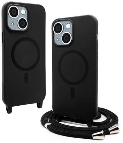 VAVAVOOMY Handykette Hülle für iPhone 13(6.1) mit Band Halsband Lanyard (abnehmbar) Handyhülle, Verstellbarer Lanyard.Magnetisch Stoßfest Silikonhülle Wireless Charging kompatibel .-Schwarz