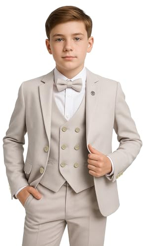 SIRRI pojkar texturerad formell kostym 5-delat set sida pojke nattvardsdräkt, 2-13 år, BEIgE, 11 år