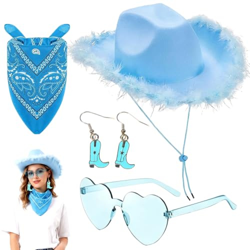 Cowboyhut für Damen, 4PCS Cowgirl Hut Zubehör Set mit Brille Halstuch Ohrringen Breiter Krempe Cowboyhüte Fashion Western Cowboy Hut Cowgirl Kostüm Accessoires für Halloween Karneval Cosplay (Blau)