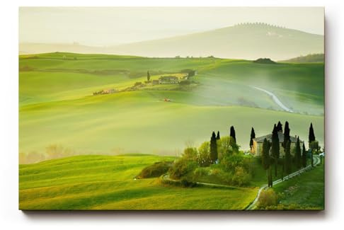 Sinus Art Wandbild 90x60cm Traumhafte Aussicht über die grünen Hügel der Toskana im frühen Sonnenlicht