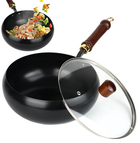 XCRPRT Sartén de hierro fundido, sartén de hierro sin recubrimiento, sartén antiadherente forjada a mano, recipiente de cocina versátil con tapa para cocer y asar a fuego alto, gas, cocina de