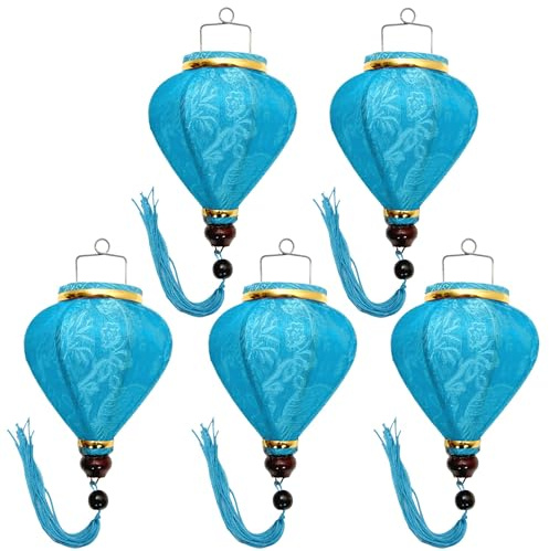 Set mit 5 kleinen asiatischen Laternen aus Seide, hellblau, M, Durchmesser 10,5 cm – Hoi an Lampion traditionell aus Stoff, Bambus und Holz – Dekoration und Handwerk aus Vietnam (S56-8500)