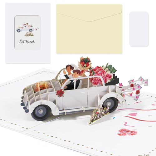 JynxtoyZeal Tarjetas Felicitacion Boda Tarjeta Boda Pop Up 3D Just Married Tarjeta de Coche con Sobre y Tarjetas en Blanco, Regalo de Dinero para Viajes de Bodas Compromiso Aniversario